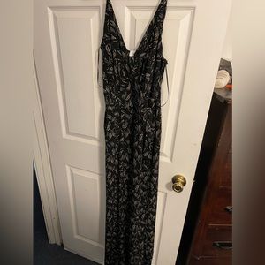 Black with khaki print long pants romper